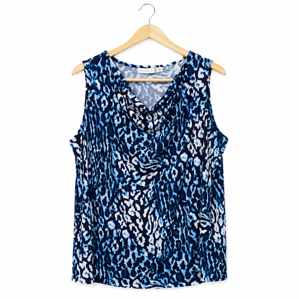 Susan Graver Top Womens 1X Blue White Leopard Cowl Neck Sleeveless Liquid Knit
